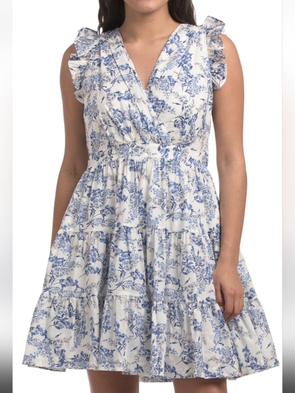 Taylor, Size 8, NwoT Blue Floral Ruffle-Sleeve V-Neck Dress